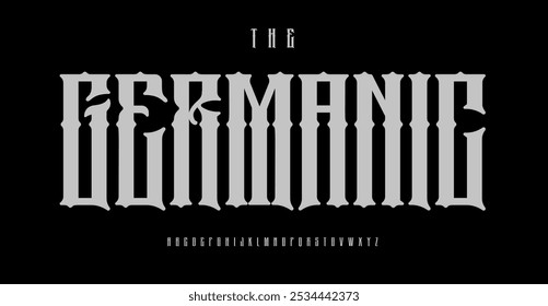 Fonte gótica blackletter, letras schwabacher com bordas agudas dramáticas, alfabeto fraktur para salão de tatuagem, logotipo de música heavy metal, manchete estilo germânico medieval da velha escola. Tipo de estilo Rotunda