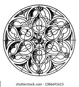 El panel circular gótico del jefe es un diseño del siglo XVI, que se encuentra en St. Benoit, dibujo vintage de líneas o ilustración de grabado.