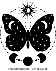 Gothic Botanical Butterfly Magic. Witchy Boho Astrology Card Print. Bohemian Crescent Moth Tattoo Design. Celestial Black and White Graphic Art. Witchy Moon and Stars Design Element. Moon Phases.