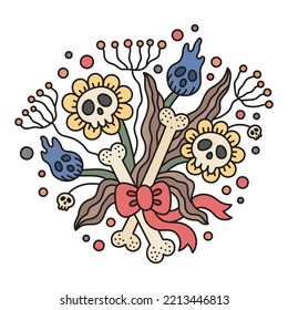 Gothic bouquet with tulips and chamomiles. Halloween flowers with skulls and ribbon. Cartoon vector illustration