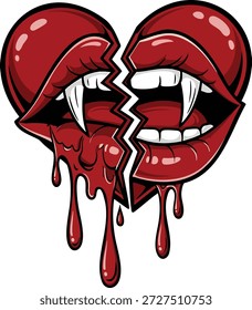 Corazón roto gótico con colmillos de vampiro ilustración que simboliza un doloroso Vector de ruptura