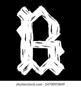 Gothic brushstroke letter. White letter on black background. Vector medieval font.
