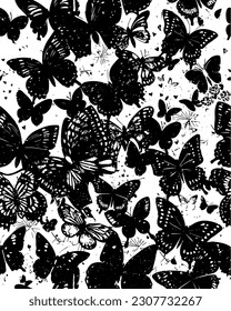 Gothic Butterflies Vector Pattern. Black, woodcut butterflies scattered against a white background. Distressed details and inky drips add character to this vector pattern that repeats seamlessly.