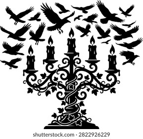 Gothic candelabra with burning candles and flying ravens vector silhouette. Spooky Halloween vintage chandelier with flock of crows and ivy vines isolated on white background.