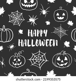 Gothic card or seamless pattern made up of many spiders, cobweb, maple leaves, pumpkins and text Happy Halloween. Endless repeating texture for printing on package, wrapper, envelope, card or cloth.
