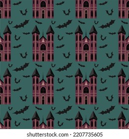 Gothic castle and bats, seamless pattern. Print for printing, postcard. Happy Halloween. Flat design, cartoon.