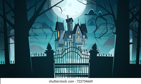 Gothic Castle Behind Gates In Moonlight Scary Building With Ghosts Halloween Holiday Concept Flat Vector Illustration