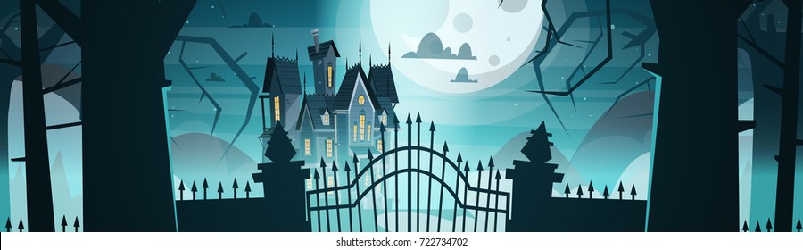 Gothic Castle Behind Gates In Moonlight Scary Building With Ghosts Halloween Holiday Concept Flat Vector Illustration