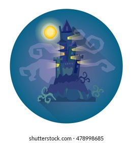 Gothic Castle House In Moonlight Halloween Holiday Icon Flat Vector Illustration
