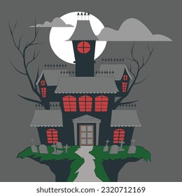 Gothic Castle House In Moonlight Scary Building With Ghosts Halloween Holiday Concept Flat Vector Illustration. Halloween fantasy landscape with old haunted castle and graveyard in the foreground.