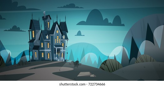 Gothic Castle House In Moonlight Scary Building With Ghosts Halloween Holiday Concept Flat Vector Illustration