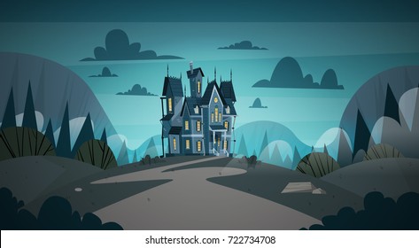 Gothic Castle House In Moonlight Scary Building With Ghosts Halloween Holiday Concept Flat Vector Illustration