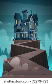 Gothic Castle House In Moonlight Scary Building With Ghosts Halloween Holiday Concept Flat Vector Illustration