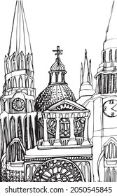 Gothic castle in ink. Gothic building drawing. Hand-drawn stylized castle. Towers and columns. Elements of an ancient castle. Window-Rose. Ink graphics