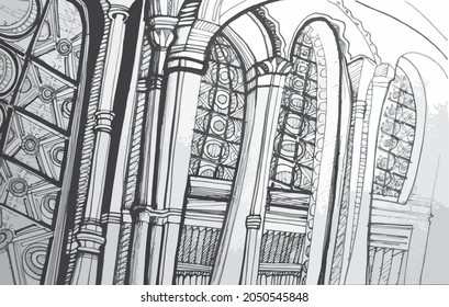 Gothic castle in ink. Gothic building drawing. Hand-drawn stylized castle. Towers and columns. Elements of an ancient castle. Window-Rose. Ink graphics