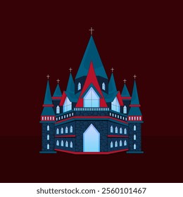Gothic Castle with Red and Blue Spires Illustration.