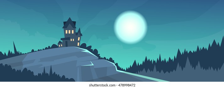 Gothic Castle View Night Moonlight Halloween Holiday Banner Flat Vector Illustration