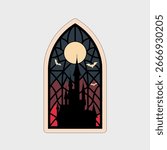 Gothic castle window with moon and bats sticker isolated on white background, perfect for halloween, spooky themes, and gothic designs, creating a mysterious and eerie atmosphere