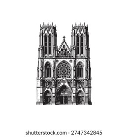 Gothic cathedral facade, meticulously engraved with spires, arched windows, and a rose window, evoking historical architecture and grandeur.
