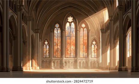 Gothic Cathedral Interior Illuminated by Golden Light through Stained Glass
