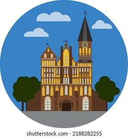 Gothic Cathedral on Kant island in Kaliningrad, Russia, main attraction of the region. Round backgrond. Vector