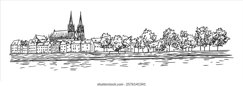 gothic cathedral and riverside buildings in black and white hand-drawn style