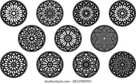 Gothic cathedral rose windows vector collection featuring intricate circular mandala patterns and religious architectural ornaments in silhouette stencil style.