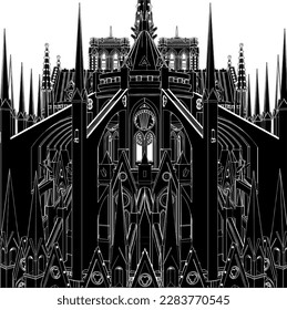 Gothic Cathedral Vector 01. Illustration Isolated On White Background. A Sketch Drawing Vector Illustration Of A Gothic Cathedral.