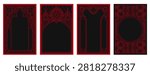Gothic cathedral window frames with medieval ornament. Vintage circular pattern, ornate circle tracery design for fantasy cards, dark mystic poster. Vector red borders on black background, castle arch