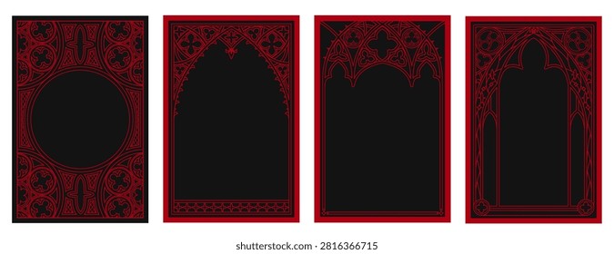 Gothic cathedral window frames with medieval ornament. Vintage circular pattern, ornate circle tracery design for fantasy cards, dark mystic poster. Vector red borders on black background, castle arch