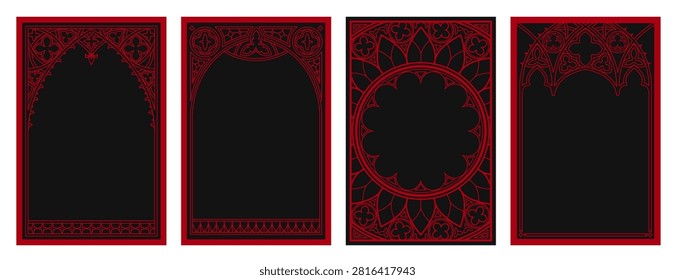Gothic cathedral window frames with medieval ornament. Vintage circular pattern, ornate circle tracery design for fantasy cards, dark mystic poster. Vector red borders on black background, castle arch