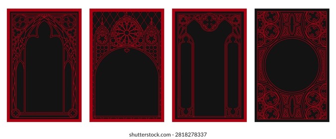 Gothic cathedral window frames with medieval ornament. Vintage circular pattern, ornate circle tracery design for fantasy cards, dark mystic poster. Vector red borders on black background, castle arch