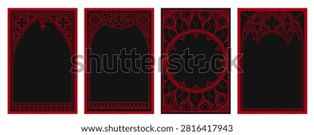 Gothic cathedral window frames with medieval ornament. Vintage circular pattern, ornate circle tracery design for fantasy cards, dark mystic poster. Vector red borders on black background, castle arch