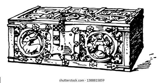 Gothic Chest is made from chestnut wood, has engraving all over the chest and has iron latches, vintage line drawing or engraving illustration