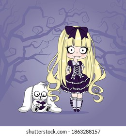 Gothic chibi with pet bunny. Vector Illustration