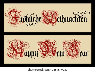 Gothic Christmas calligraphy. Uncial Fraktur. Translate: cheerful (merry) christmas. EPS-10 separated by groups and layers for easy edit