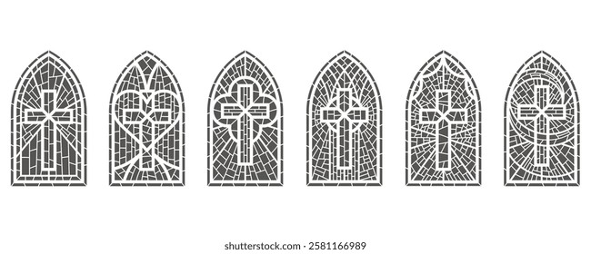 Gothic church glass window. Catholic cathedral vector frames with cross. Medieval stained castle architecture Christian design mosaic decoration on white background