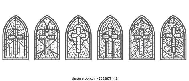 Gothic church glass window. Catholic cathedral vector frames with cross. Medieval stained castle architecture Christian design mosaic decoration on white background