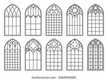 Gothic church glass windows and medieval castle arches. Isolated vector black outline silhouettes set. Vintage stained glass frames cathedral interior, traditional european architecture elements