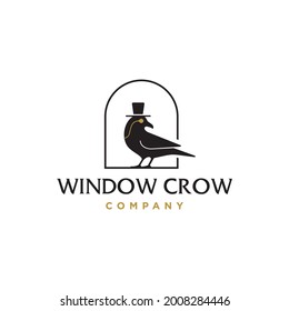 Gothic Church Logo. Black Raven Crow With Golden Monocle Glasses And Bowler Top Hat In A Window Icon Logo Design Vector Illustration