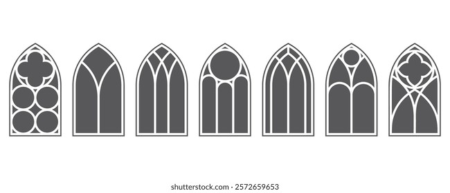 Gothic church stained windows. Cathedral and castle glass arches with vintage pattern. Vector medieval frames silhouettes of old European architecture on white background.