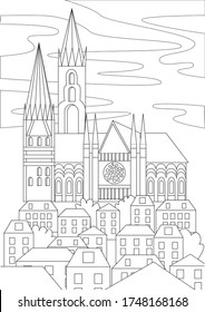 Gothic church or temple on the top of the city as a coloring page with European architecture. Outline stock vector illustration with gothic architecture as anti stress coloring book for adults