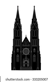 gothic church with towers, windows, rosette, tympanum