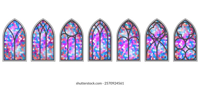 Gothic church window set. Cathedral arch frames with stained glass. Medieval catholic architecture old shapes. Vintage color mosaic isolated on white background