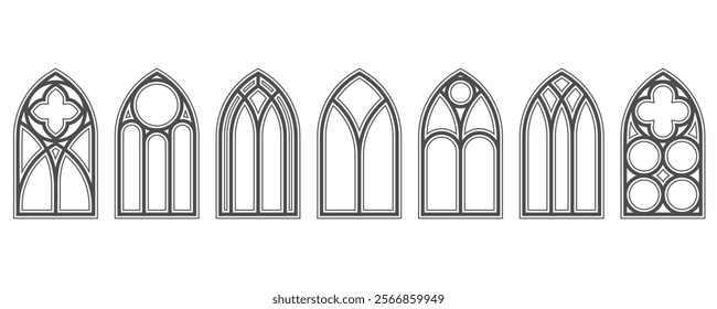 Gothic church windows. Cathedral stained glass arches. Vector frame with pattern. Elements of catholic medieval architecture. Old vintage frames silhouettes on white background