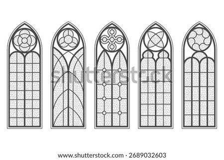 Gothic church windows with medieval pattern. Architecture vintage stained glass arches. Catholic cathedral and castle door silhouettes on white background. Chapel interior decorations.