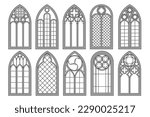 Gothic church windows. Vector architecture arches with glass. Old castle and cathedral frames. Medieval stained interior design. Vintage illustration.
