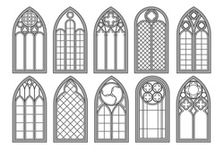 Gothic Church Windows. Vector Architecture Arches With Glass. Old Castle And Cathedral Frames. Medieval Stained Interior Design. Vintage Illustration.
