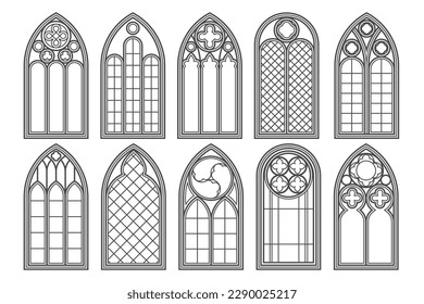 Gothic church windows. Vector architecture arches with glass. Old castle and cathedral frames. Medieval stained interior design. Vintage illustration.