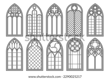 Gothic church windows. Vector architecture arches with glass. Old castle and cathedral frames. Medieval stained interior design. Vintage illustration.